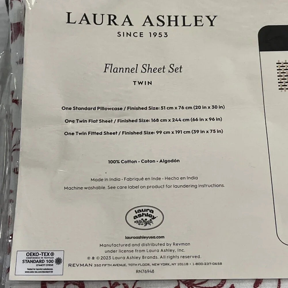 Laura‎ Ashley Flannel Sheet Set Twin Cotton Anna Scroll White Red All Over Print